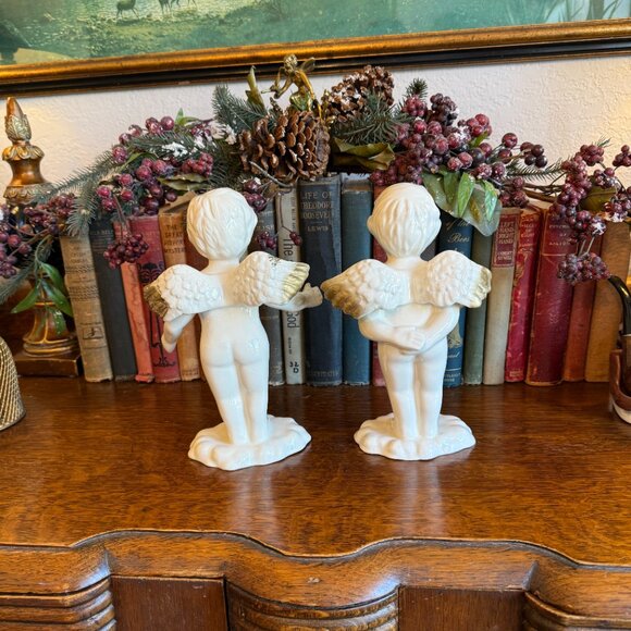 2 Vintage Angel Babies standing on clouds with Gold Tip Wings - Picture 8 of 14